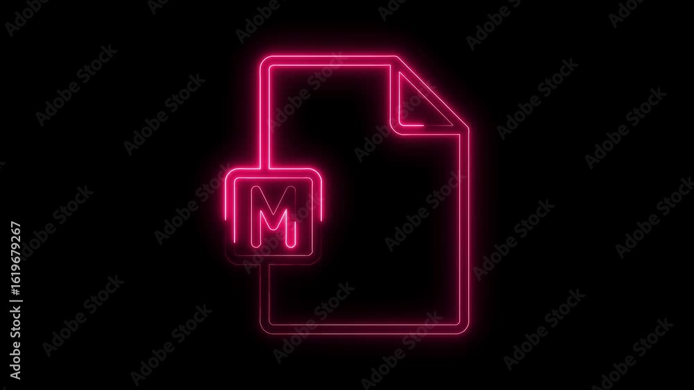 Poster glowing neon pink document file icon with letter m inside a rounded square on a black background fut