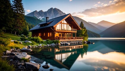 Naklejka premium Lakeside cabin at sunset