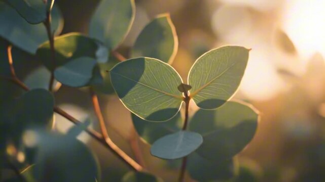 Sunlit eucalyptus leaves reveal delicate veins casting soft shadows