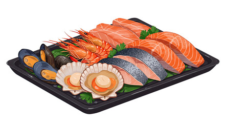 Colorful Seafood Assortment with Scallops, Mussels, Shrimp, Salmon on Tray