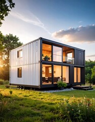 Obraz premium Modern container home at sunset