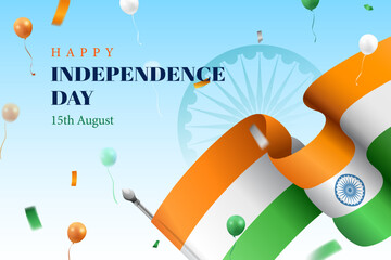 happy independence day tricolor banner with indian flag and confetti background