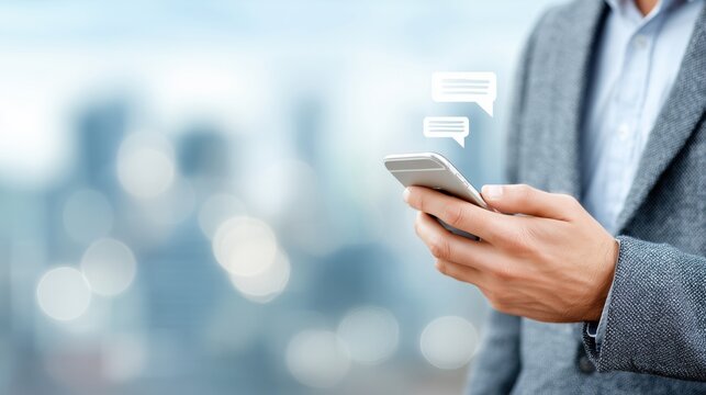 Businessman holding a smartphone with a chat icon floating above the screen, symbolizing messaging and communication. Blurred cityscape in the background with soft sunlight for a modern look.