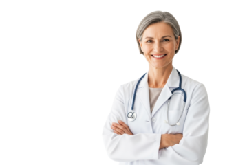 Caucasian female doctor in white lab coat with silver stethoscope, salt-and-pepper hair, arms crossed, smiling confidently, eye contact, against seamless transparent studio background with copy space,