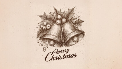 Charming Christmas card or wallpaper featuring beautifully illustrated bells adorned with holly and a festive "Merry Christmas" message, perfect for holiday cheer and greetings.