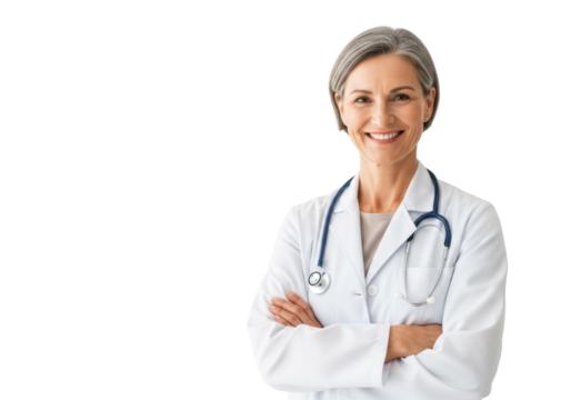 Caucasian female doctor in white lab coat with silver stethoscope, salt-and-pepper hair, arms crossed, smiling confidently, eye contact, against seamless transparent studio background with copy space,