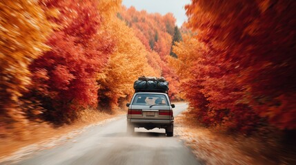 Car loaded with luggage on the roof driving through a vibrant autumn forest. Bright red and orange foliage surrounds the winding road, creating a dynamic and colorful scene full of travel energy.