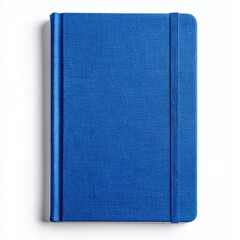 A closed blue notebook with an elastic band