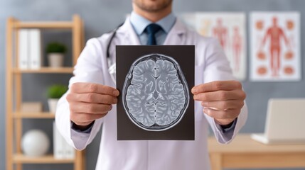 Doctor holding a brain MRI scan in a medical office, showing detailed image of human brain anatomy for neurological diagnosis.