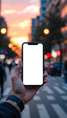 person’s hand holding modern smartphone with blank white screen outdoors at sunset, mobile technology and white screen mockup concept
