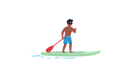 Paddleboarder with Red Paddle Wearing Sunglasses on Water