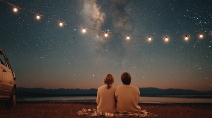 Couple sitting on blanket under string lights, gazing at Milky Way and starry night sky near a car, romantic outdoor camping scene by the water.