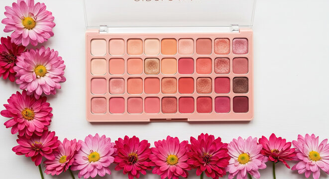 Beauty palette surrounded by pink flowers showcasing vibrant shades of color