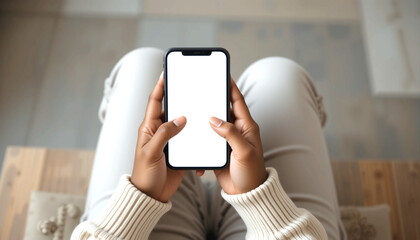 top view of woman sitting indoors holding smartphone with blank white screen, mobile device mockup for app or UI design.