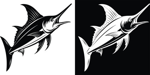 Striking marlin fish vector art in black and white for versatile design applications and creative projects