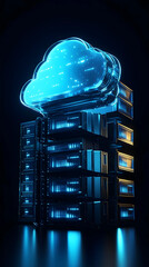 Glowing blue cloud over stacked server racks, perfect for cloud computing, data storage & network solutions.