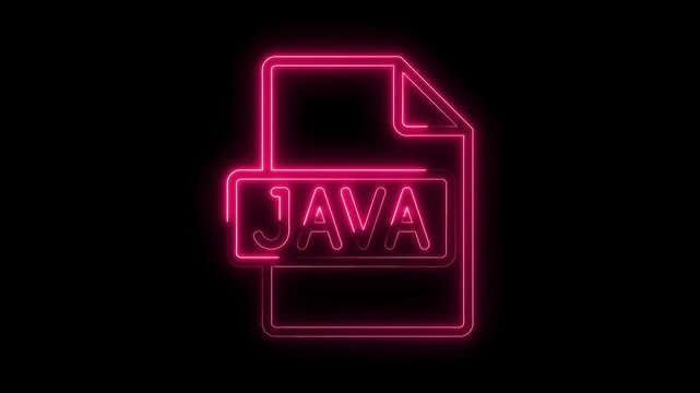 Glowing pink neon J A V A file icon isolated on black background vibrant digital technology symbol