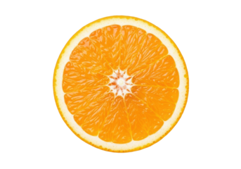 A perfectly cut, round, vibrant orange slice, translucent and glistening with juice vesicles, against a pristine, transparent background with ample negative space. Concept for beverage advertising