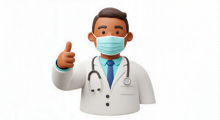Friendly 3D doctor character graphic with a mask and stethoscope giving a positive thumbs up gesture as a sign of approval.