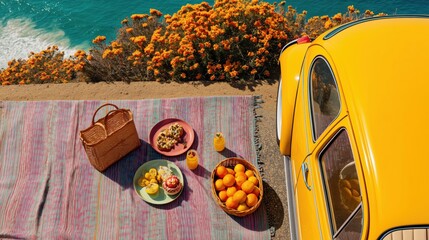 A bright summer picnic by the sea with a yellow vintage car, oranges in a basket, fresh snacks, and orange juice on a colorful blanket, surrounded by blooming flowers and ocean waves in the background