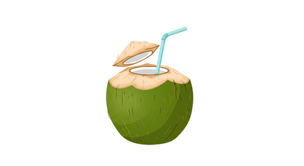 Green Coconut with Blue Straw on Smooth Background