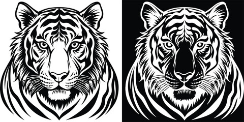 Powerful tiger head in black and white contrast design, perfect for striking graphic elements and logo design