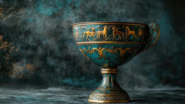 Ornate antique goblet with intricate horse designs on dark, textured background