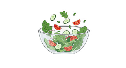 Fresh Salad with Tomatoes and Cucumbers in Glass Bowl on Green Background