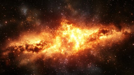 Naklejka premium Fiery nebula in deep space with glowing orange clouds and stars.