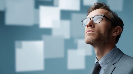 A thoughtful man in business attire looking up at floating colorful sticky notes, representing brainstorming, creativity, ideas, planning, and innovation in a modern workspace environment.