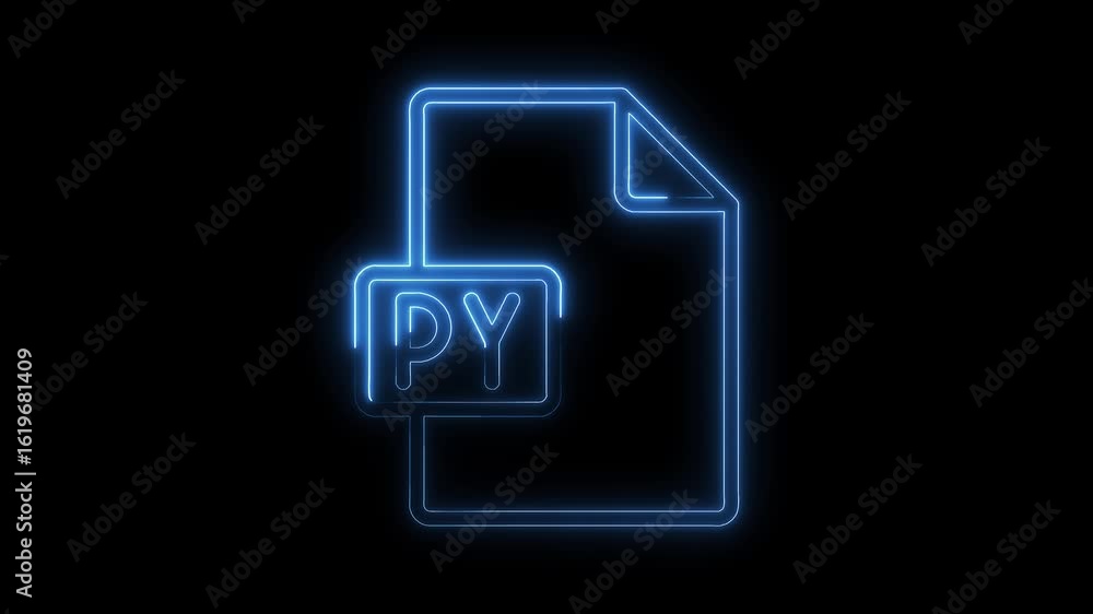 Poster glowing blue neon python file icon with p y text on transparent black background futuristic technolo