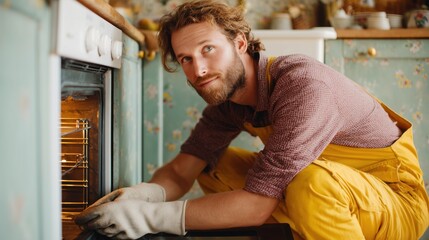 Man in apron and gloves kneeling in front of an open kitchen oven, checking the inside carefully. Cozy home setting with warm tones, concept of cooking, baking, or appliance maintenance.