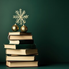 Creative Christmas tree made of stacked books with festive decor.  Stack of books arranged as a Christmas tree with ornaments on dark green background