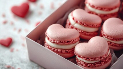 Fototapeta premium Macarons in heart shape in gift box isolated on pink background,events,aniversary festival gift set,french macaron cookies,trendy 2025,couple valentine Romantic love or pastry shop.