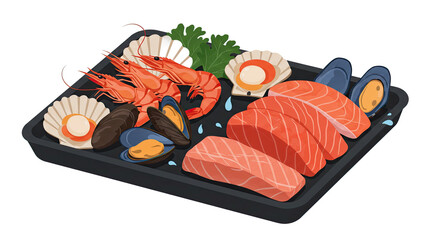 Fresh Seafood Platter with Salmon Shrimp Mussels and Scallops on Black Tray