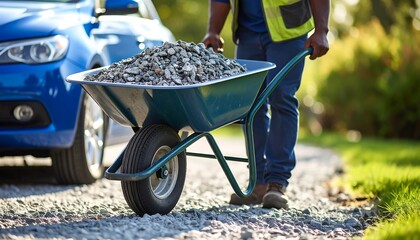 Worker pushing wheelbarrow filled with gravel