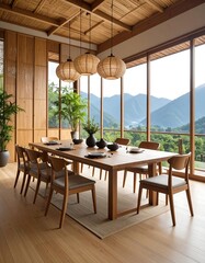 Modern dining room with mountain view