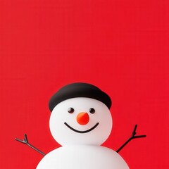 Smiling snowman with carrot nose and black hat on red background. Minimalist snowman figure with happy face and vibrant red Christmas backdrop