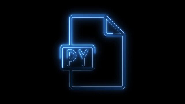Glowing blue neon Python file icon with P Y text on transparent black background futuristic technology