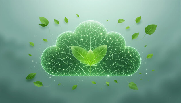 leaf shaped as cloud icon with flowing data streams, symbolizing cloud computing, green tech, and eco-friendly data centers

