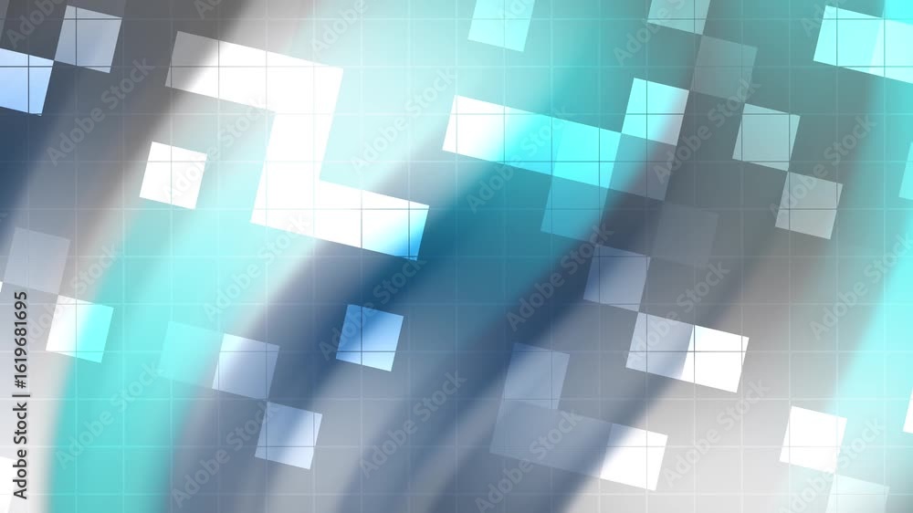Poster minimalist navy dynamic grid of glowing squares shifting across a teal and gray gradient background 