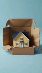 Miniature yellow house with teal roof inside cardboard box on blue background, perfect for moving, new home & real estate concepts.