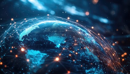 Global network, digital earth, interconnected world. A 3D model of Earth, rendered with luminous network connections, conveying a sense of global interconnectedness.