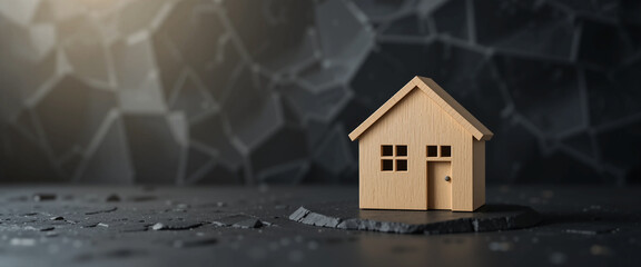 Small wooden house model on dark cracked surface, ideal for real estate, housing crisis & property investment concepts.
