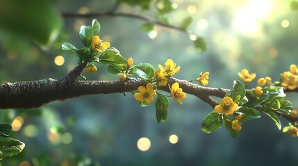 Blossoming yellow and pink flowers on a branch with red and yellow leaves in autumn