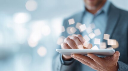 Close-up of a businessman using a digital tablet with futuristic holographic data and glowing particles, symbolizing innovation, cloud technology, and business communication in a modern workspace.