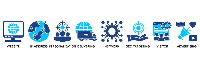 Geo targeting icon set vector illustration concept relate to website, ip address, personalization, delivering, network, geo targeting, visistor, advertising