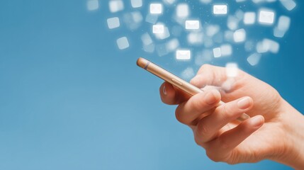 Close-up of a hand holding a smartphone with digital mail icons floating above, symbolizing fast email sending, online communication, and modern technology on a blue background.