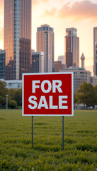 For Sale sign on green lawn in front of modern city buildings, perfect for real estate, property listings & urban development.