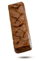 Chocolate bars filled with caramel and nuts isolated on white background, Chocolate bar on white With clipping path, High resolution photography.